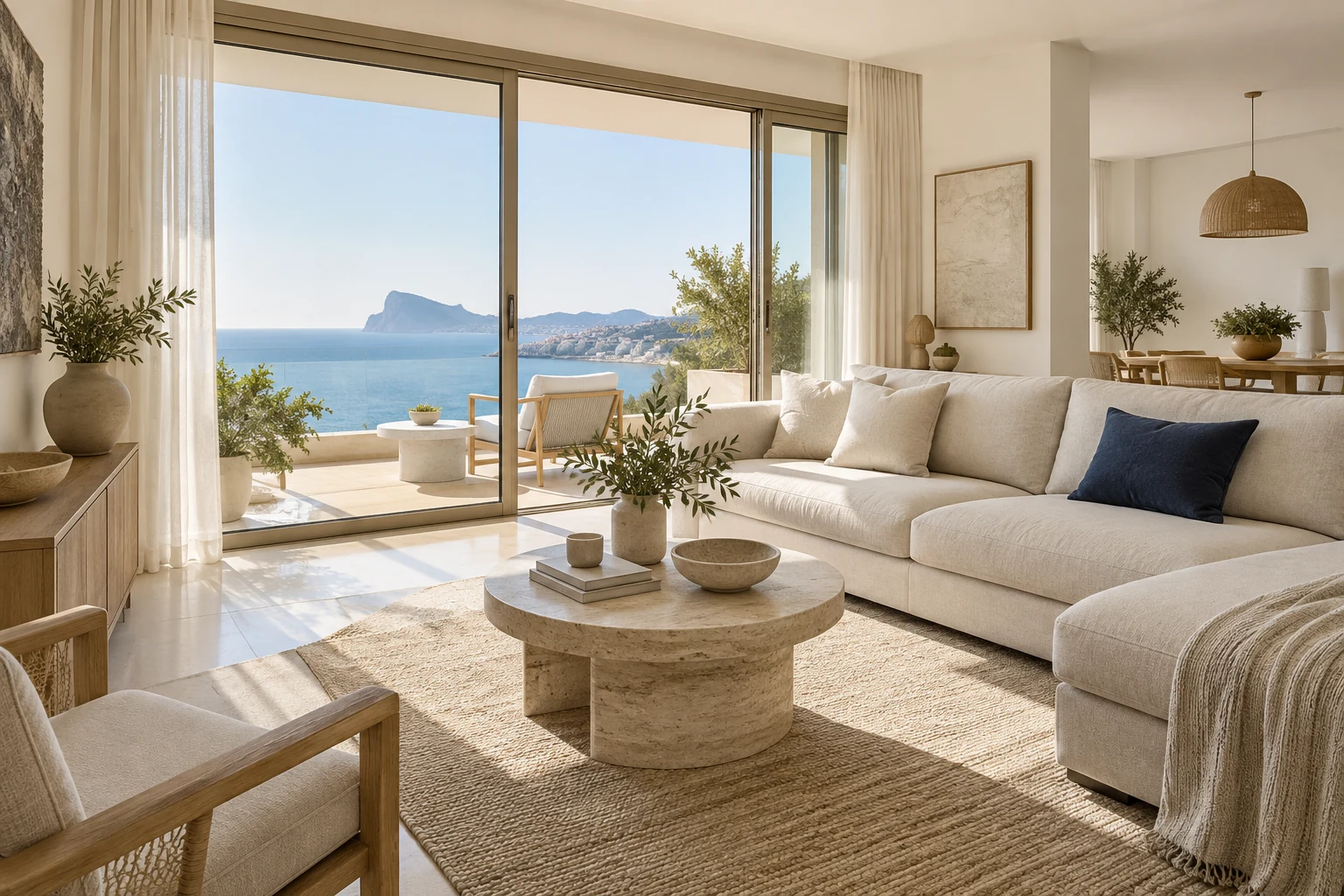 Salón mediterráneo luminoso con vistas al mar y al Peñón de Ifach